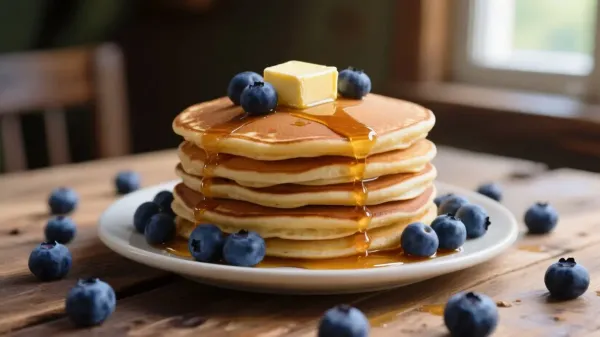 Αφράτα pancakes με στραγγιστό γιαούρτι, blueberries και άρωμα λεμονιού
